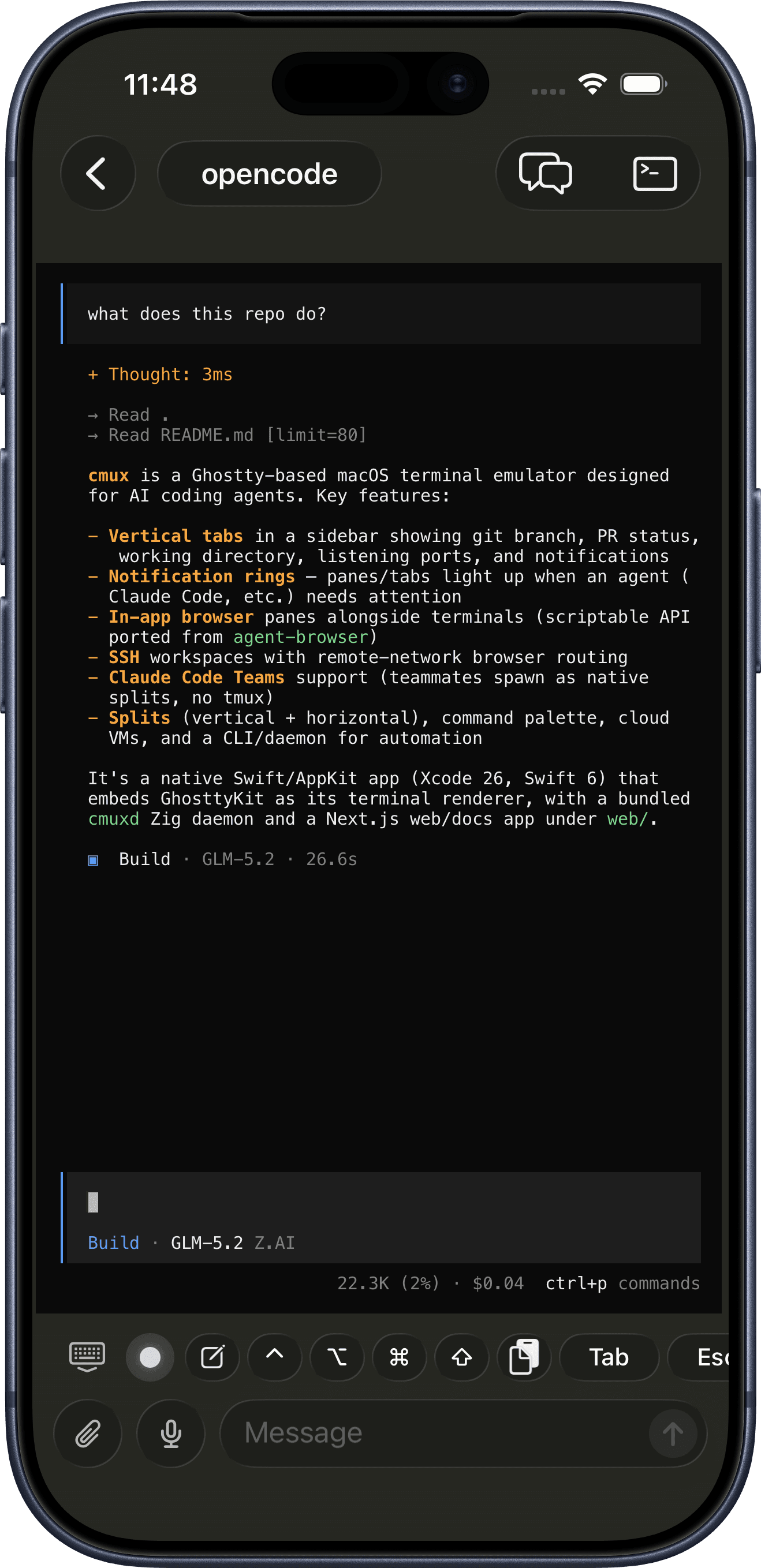 iPhone の cmux ターミナルで動作する OpenCode
