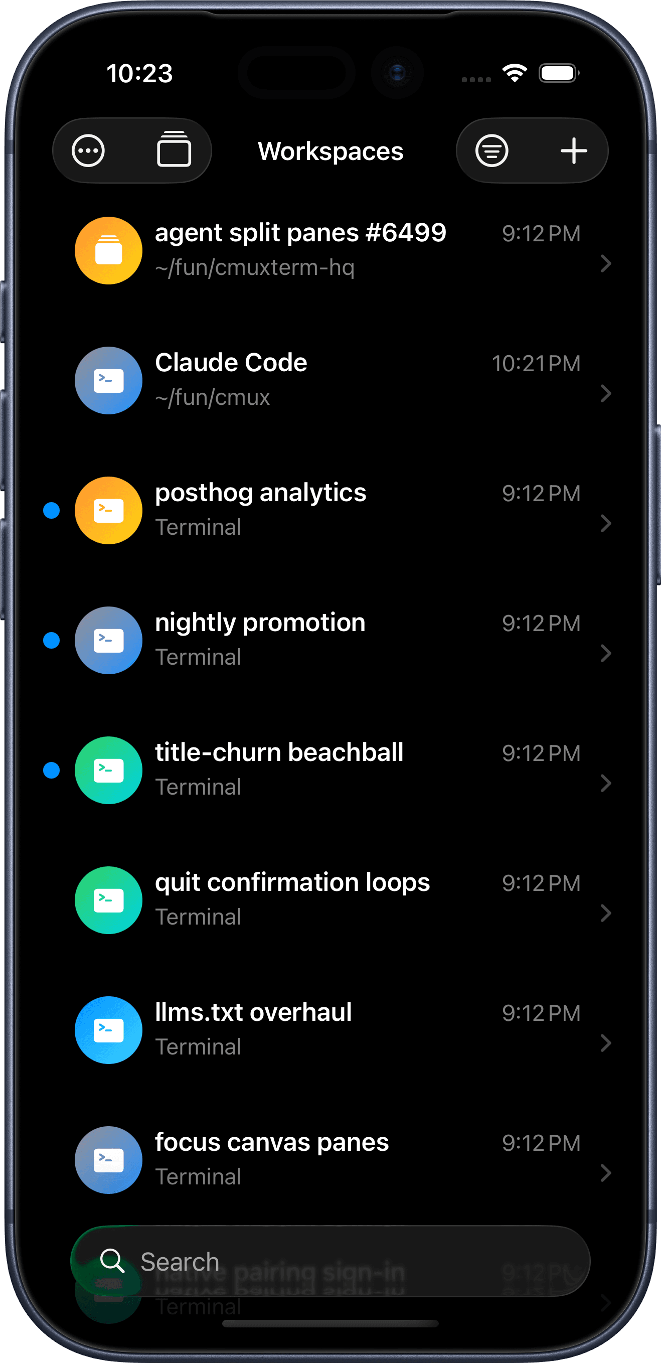 ライブのエージェントターミナルを表示する cmux iOS アプリ