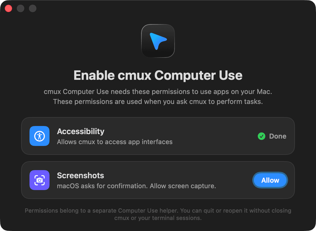 cmux Computer Use setup with Accessibility and Screenshots permission controls