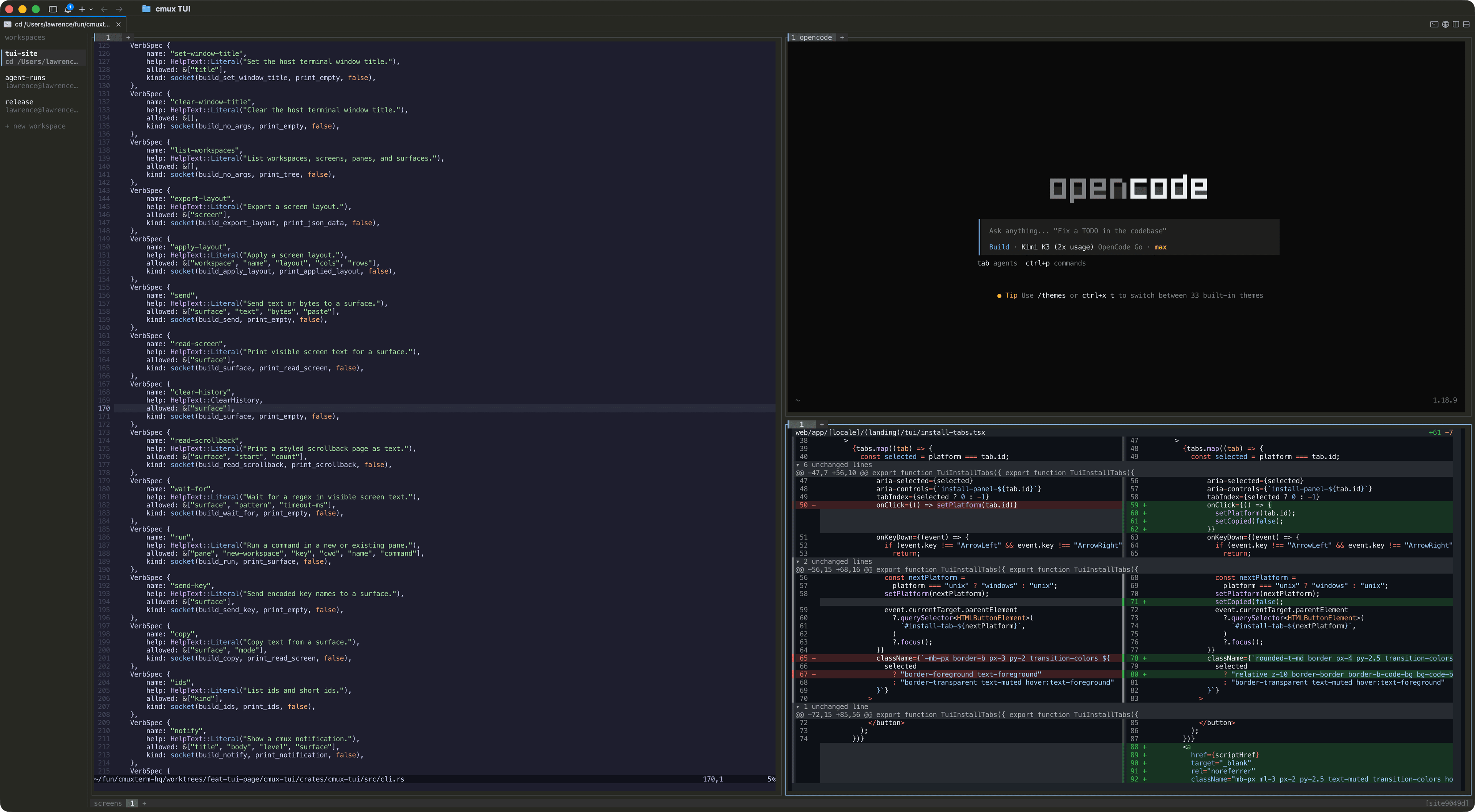 macOS の cmux 内で TUI ワークスペースレールの横に Neovim、OpenCode、Hunk を3つのペインで表示する cmux TUI